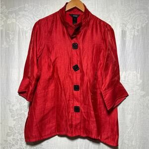 Ali Miles Button Up Medium PETITE Red Big Buttons Contrast Black Long Pop Collar